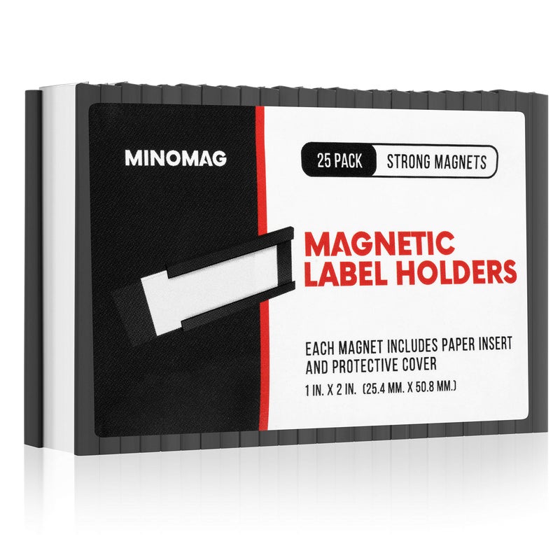 MINOMAG 25pcs Magnetic Tool Box Labels 1x2 inches | C Channel Magnetic Label Holders for File Cabinet, Breaker Box, Metal Shelf, Locker, Toolbox Drawer - Image 1